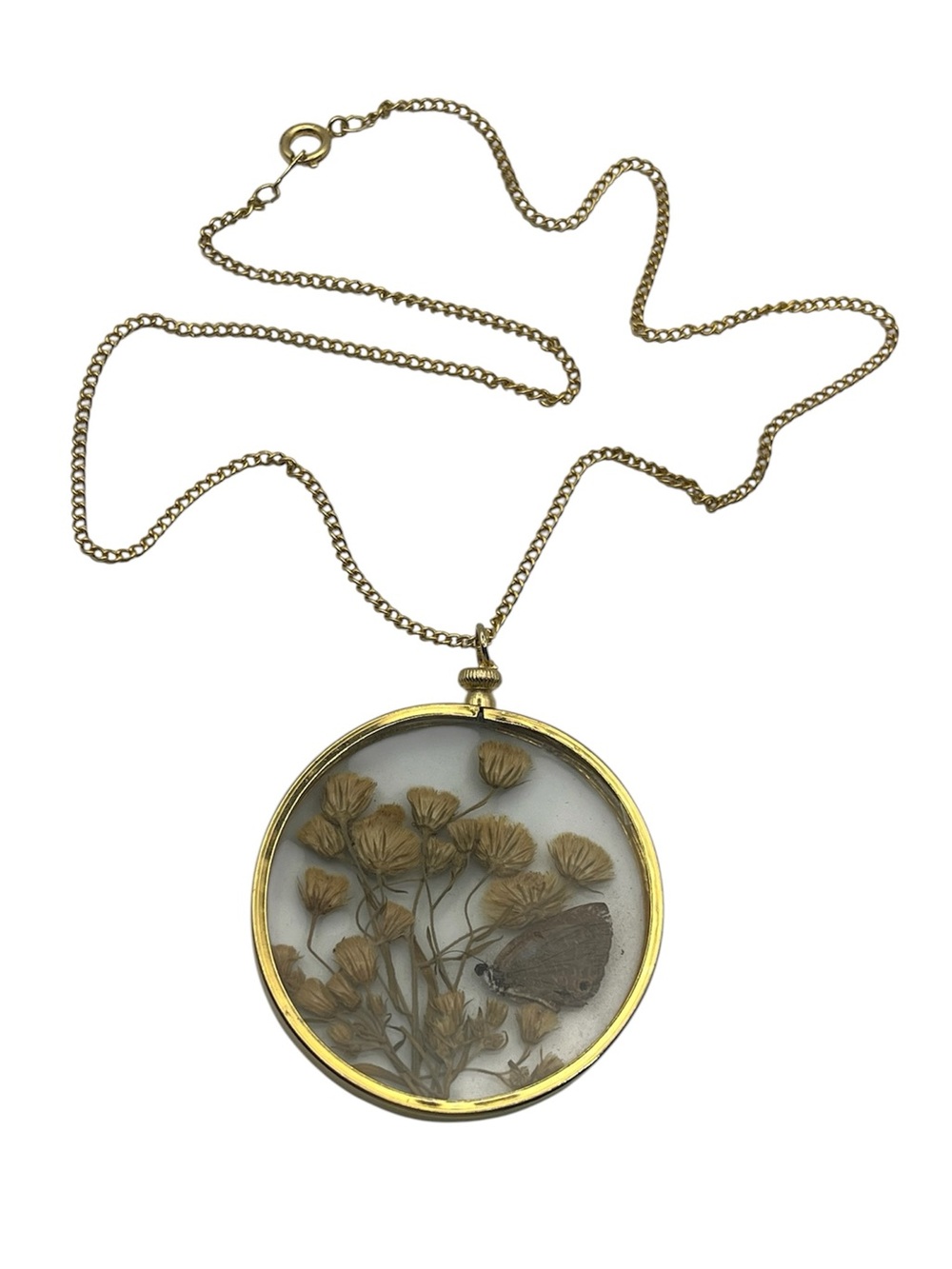 Butterfly Pressed Flowers Pendant on gold tone chain necklace vintage